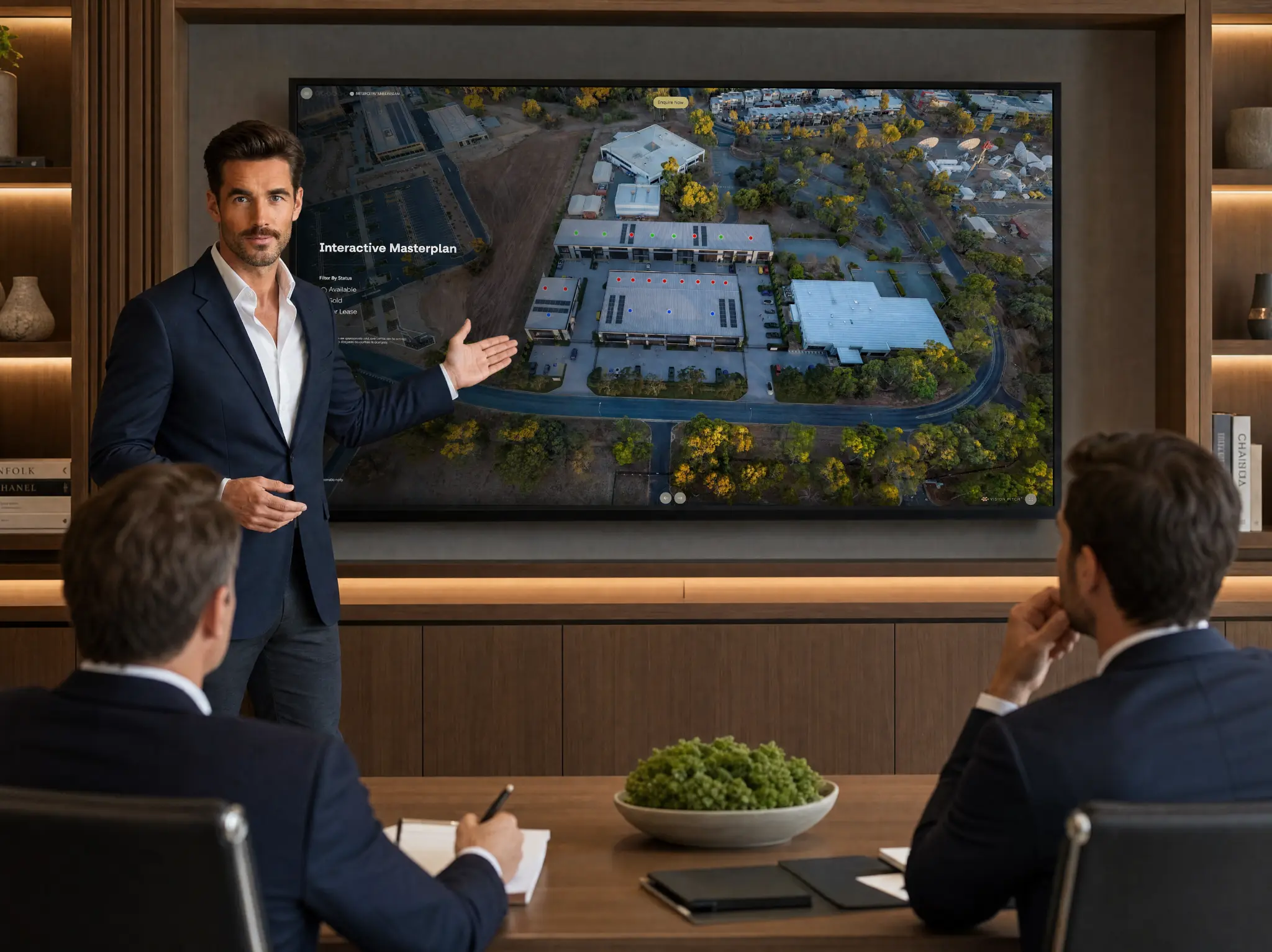 CRE broker presenting Vision Pitch interactive presentation in boardroom