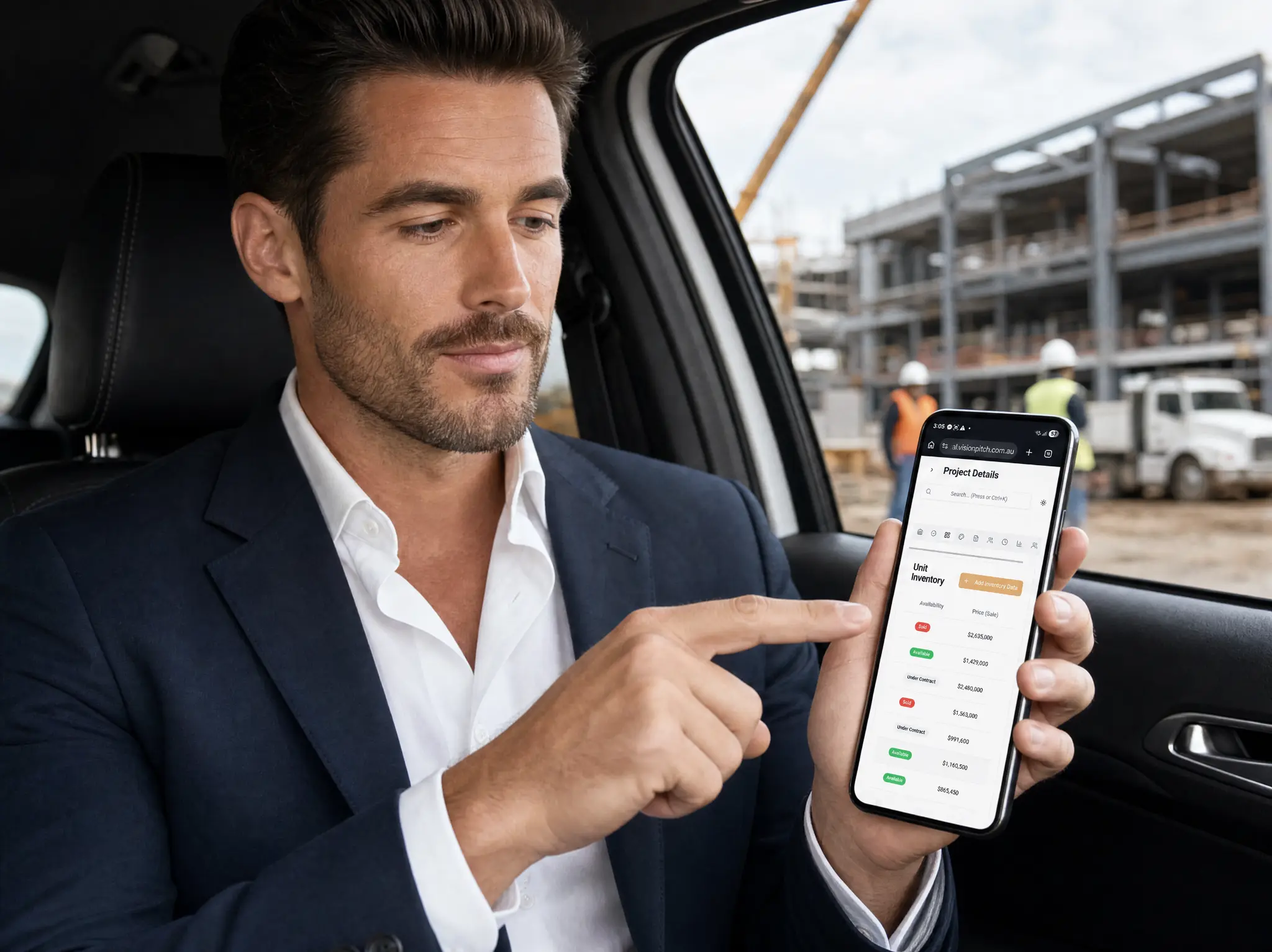 Developer checking live inventory and pricing on mobile from construction site